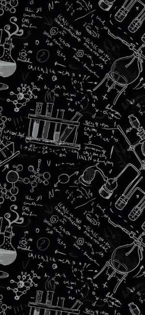 Scientific chalkboard-style illustrations of lab equipment, chemical formulas & molecules, educational design | 4K Wallpaper for Mobile