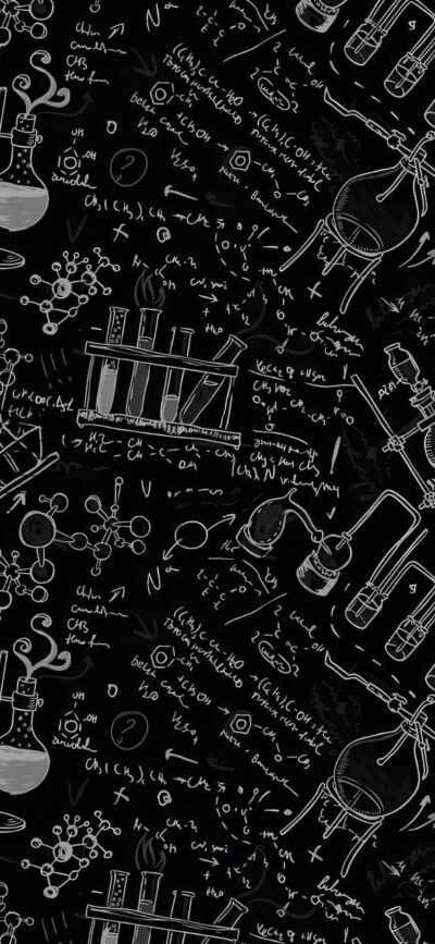 Scientific chalkboard-style illustrations of lab equipment, chemical formulas & molecules, educational design | 4K Wallpaper for Mobile