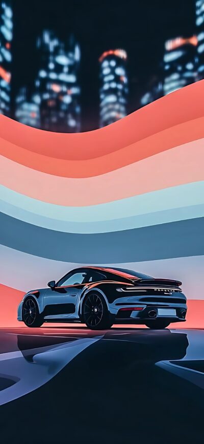 Sleek sports car in a futuristic cityscape with colorful abstract waves. Vibrant colors & high-tech design. | 4K Wallpaper for Mobile