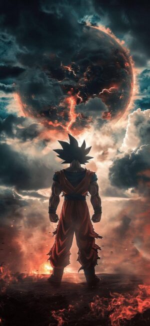 Goku standing heroically in a fiery scene with a looming planet and dramatic clouds. | 4K Wallpaper for Mobile | Black, Orange, Gray.