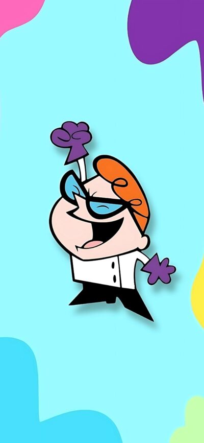 Dexter's Laboratory cartoon character in lab coat, vibrant pastel background. | 4K Wallpaper for Mobile | Blue, Purple, Yellow