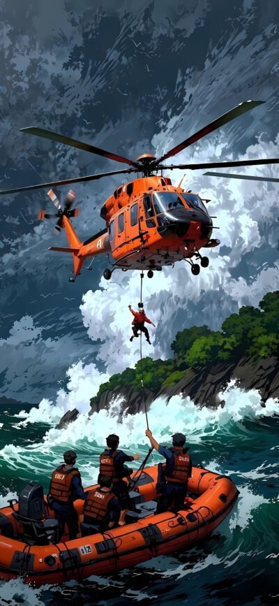 Intense rescue scene with orange helicopter over ocean waves, boat team saving a person, dramatic weather | 4K Wallpaper for Mobile