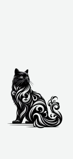 Stylized black cat with swirling patterns, minimalist black and white contrast, elegant and mysterious | 4K Wallpaper for Mobile