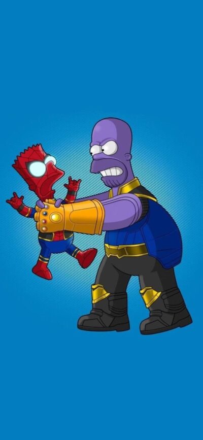 Bart Simpson as Spider-Man, held by a Homer-like Thanos, on blue background. Fun Simpsons-Marvel crossover | 4K Wallpaper for Mobile