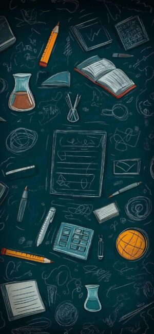 Creative educational theme with school items doodled on dark background | Blue, orange, green accents | 4K Wallpaper for Mobile