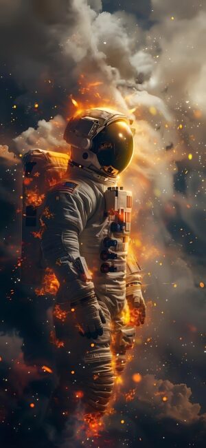 Astronaut surrounded by fiery effects and clouds, evoking a dramatic sci-fi atmosphere. | 4K Wallpaper for Mobile