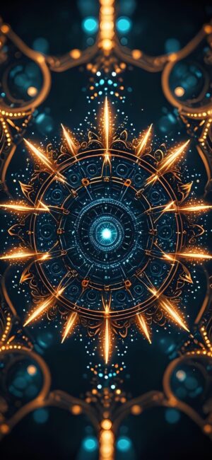 Abstract mandala-like design with gold and blue geometric patterns, offering a cosmic starburst look | 4K Wallpaper for Mobile