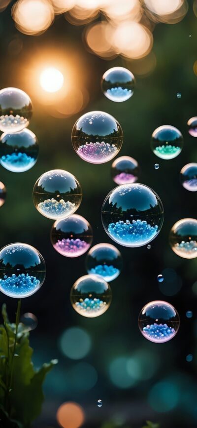 Mesmerizing colorful bubbles with beads on blurred natural background | Sunset glow enhances dreamlike ambience | 4K Wallpaper for Mobile