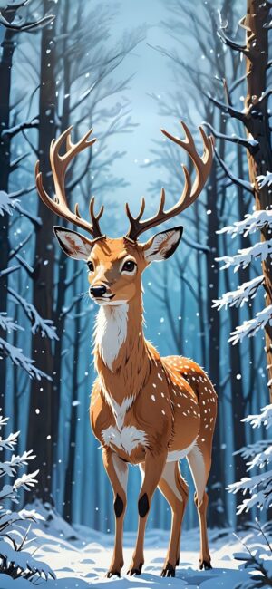 Majestic deer in a snowy forest, serene winter scene. Primary colors: blue, white, brown. | 4K Wallpaper for Mobile