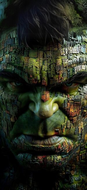 The Hulk collage made of words highlights his intense expression and green skin | Green and Black tones | 4K Wallpaper for Mobile