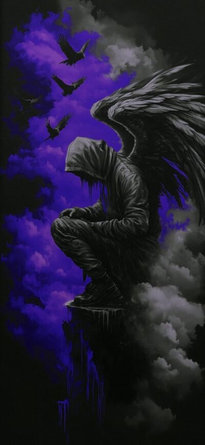 Mysterious hooded figure with black wings, purple-black clouds, flying birds; dark and atmospheric | 4K Wallpaper for Mobile