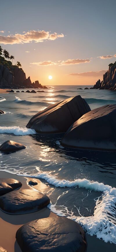 Sunset beach scene with waves, rocks, palm trees, and cliffs under a cloudy sky | 4K Wallpaper for Mobile | Orange, Blue, Black