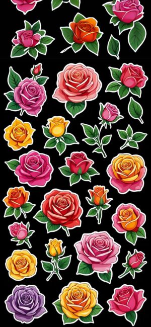 Colorful roses against a black background with lush green leaves, perfect rose wallpaper for mobile | 4K Wallpaper