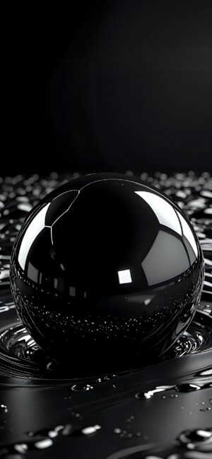 Reflective black sphere on glossy surface, exuding a sleek futuristic vibe. Perfect for mobile | 4K Wallpaper | Abstract, Minimalism.