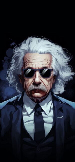 Stylized man with white hair, mustache, sunglasses, suit, E=MC², dark background | 4K Wallpaper, for Mobile