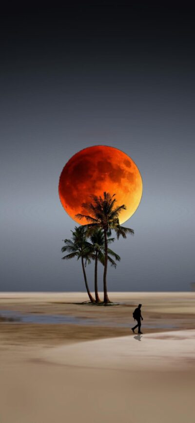 Serene beach with vibrant red moon, silhouetted palm trees, and lone figure on sandy shore | 4K Wallpaper for Mobile