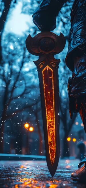 Medieval warrior with glowing fiery sword in snow; mix of fantasy & history. Primary colors: blue, orange, black | 4K Wallpaper for Mobile