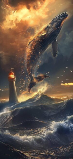 Whale breaching near a lighthouse with vibrant skies, evoking adventure and wonder. | 4K Wallpaper, for Mobile.