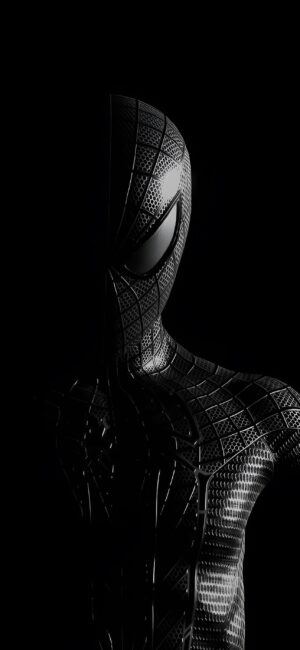 Spiderman in dark minimalist style showcasing iconic suit in monochrome against black background | 4K Wallpaper for Mobile