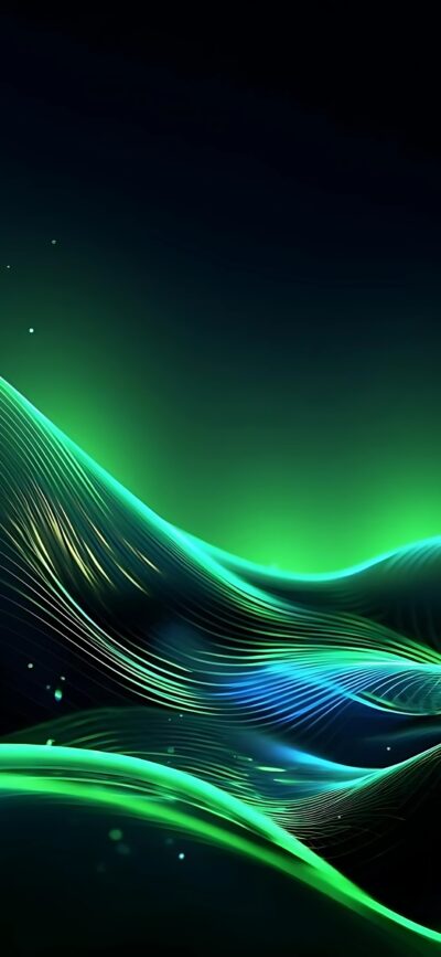 Abstract design with neon green and blue wavy lines on a dark background, perfect for mobile use | 4K Wallpaper