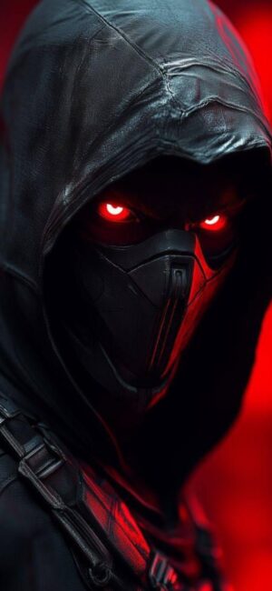 Mysterious hooded figure with glowing red eyes, cyberpunk style on dark red background. Black & Red | 4K Wallpaper for Mobile