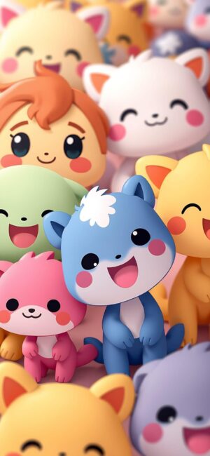 Cute cartoon characters with colorful animals and playful figures in yellow, blue, and pink hues | 4K Wallpaper for Mobile