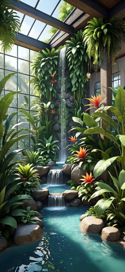 Lush indoor garden with a waterfall, tropical foliage, green plants, and orange flowers under a glass ceiling | 4K Wallpaper for Mobile.