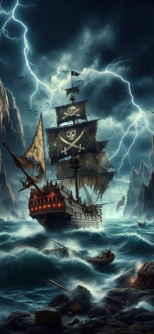 Pirate ship in stormy sea with lightning, skull sails, and jagged rocks | 4K Wallpaper | for Mobile | Blue, Black, Gray tones