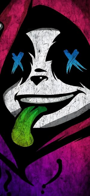 Graffiti-style panda face with blue eye crosses and green tongue in pink/purple hood | 4K Wallpaper for Mobile