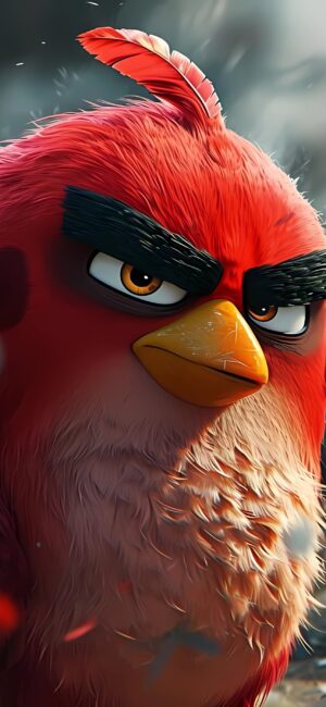 Red from Angry Birds exudes determination in this vivid 4K wallpaper for mobile, featuring bright reds and a soft background.