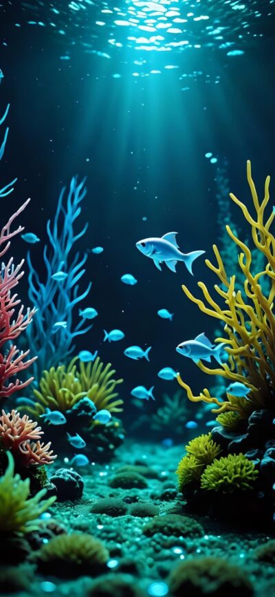 Vibrant underwater scene with coral reefs & fish in illuminated blue ocean | 4K Wallpaper, for Mobile