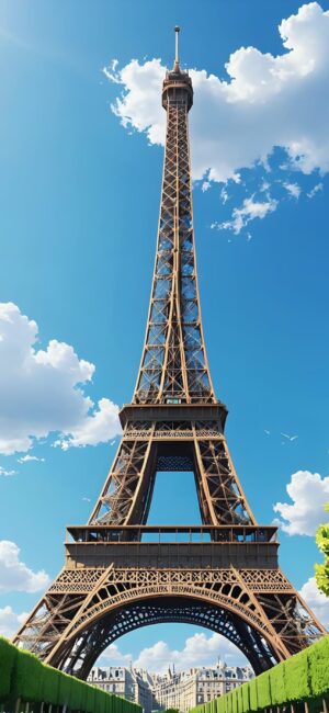 Eiffel Tower against a blue sky with clouds and greenery | 4K Wallpaper for Mobile