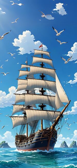 Sailing ship in a blue ocean under a clear sky with clouds and seagulls, green islands in the background | 4K Wallpaper, for Mobile