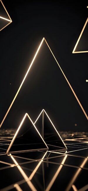 Abstract geometric patterns with glowing triangles, modern design in black and gold | 4K Wallpaper, for Mobile.