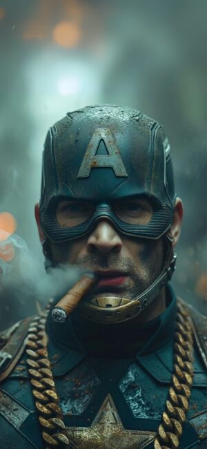 Gritty Captain America with helmet and cigar, surrounded by smoke in iconic suit. Gray and brown tones. | 4K Wallpaper for Mobile.