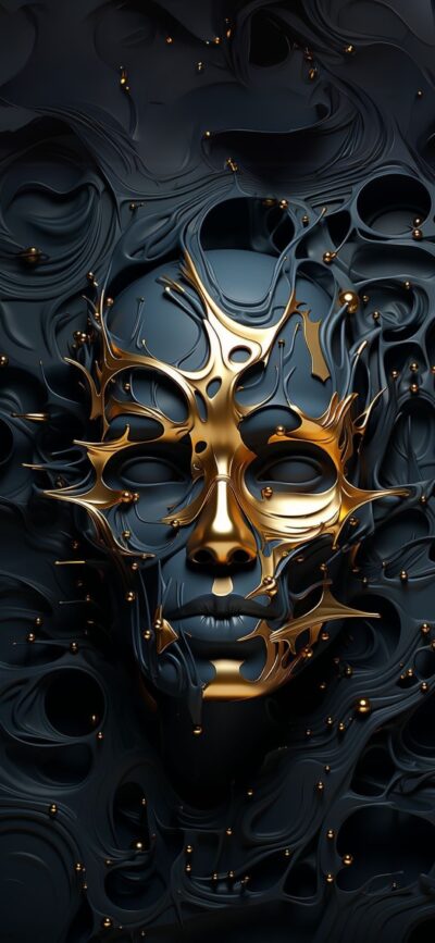 Abstract face design with dark, swirling textures and gold accents for mobile | 4K Wallpaper | Black and Gold colors, surreal art.