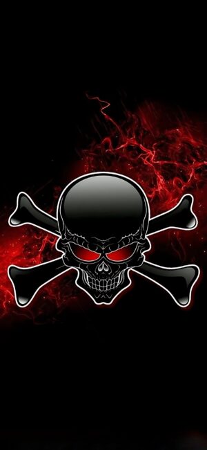 Dark skull and crossbones with red glowing eyes, fiery red backdrop | 4K Wallpaper for Mobile | Gothic Pirate Design | Black Red