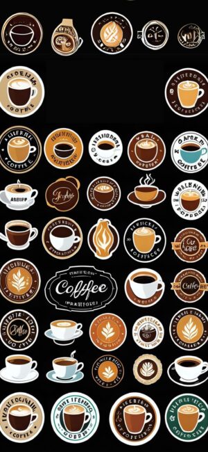 Coffee-themed sticker collage featuring cups, beans, and coffee culture motifs in brown, black, and white | 4K Wallpaper for Mobile