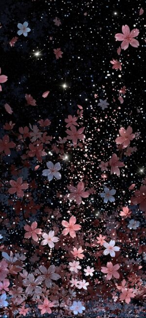 Cherry blossoms cascade against a starry night sky, merging nature and cosmos | 4K Wallpaper for Mobile | Pink, White, Black, Blue.