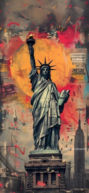 Statue of Liberty with vibrant abstract backdrop | Red and orange splashes | Urban feel | 4K Wallpaper for Mobile