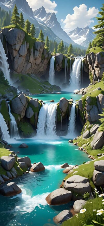 Serene landscape with waterfalls, lush greenery, rocky cliffs, snow-capped mountains, blue-green aquamarine waters | 4K Wallpaper for Mobile