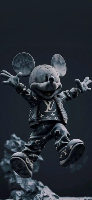 Mickey Mouse in luxury fashion-inspired chic attire against a dark abstract background | Primary Colors: Black, Grey | 4K Wallpaper for Mobile