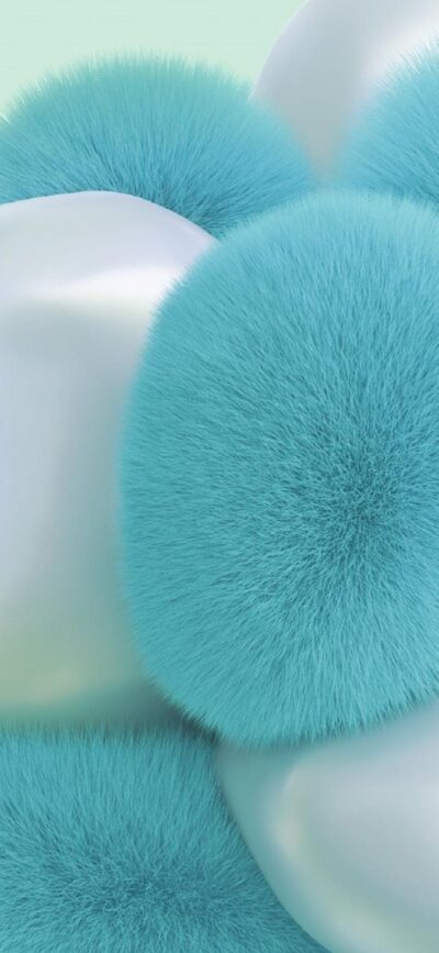 Abstract fluffy spheres in teal and white, soft furry texture | 4K Wallpaper for Mobile | Teal and white minimalistic design