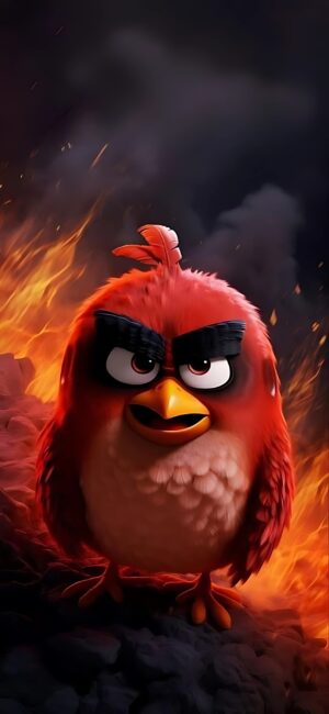 Angry Birds red character on a fiery background | Red, Orange, Black tones | For Mobile | 4K Wallpaper