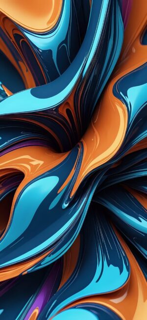 Abstract fluid pattern with vibrant orange and blue hues, glossy texture, dynamic effect | 4K Wallpaper for Mobile