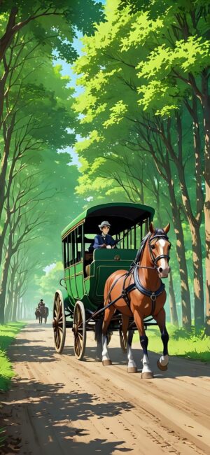 Horse-drawn carriage on sunlit forest path, surrounded by lush green trees, tranquility of nature | 4K Wallpaper for Mobile