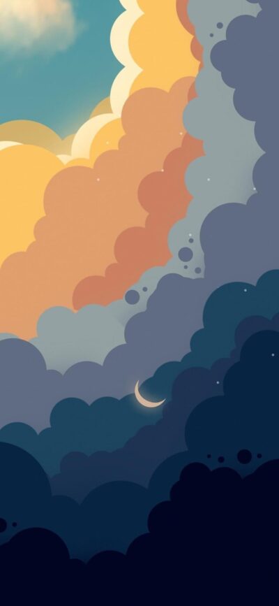 Abstract clouds transitioning day to night with a crescent moon in blue, orange, grey tones | 4K Wallpaper for Mobile