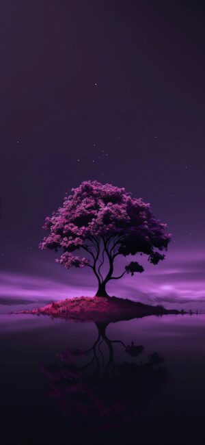 Serene night scene with illuminated purple tree on an island, mirrored on water, stars in sky | 4K Wallpaper for Mobile