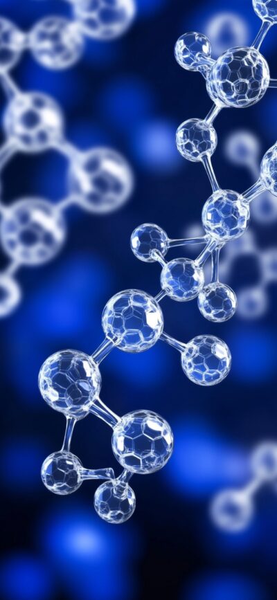 Futuristic abstract molecules and interconnected structures on a blurred blue background, capturing scientific innovation | 4K Wallpaper for Mobile