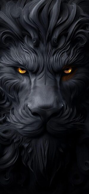 Lion with Piercing Golden Eyes | Intricate Textures and Dramatic Shadows | Black & Gold Colors | 4K Wallpaper for Mobile